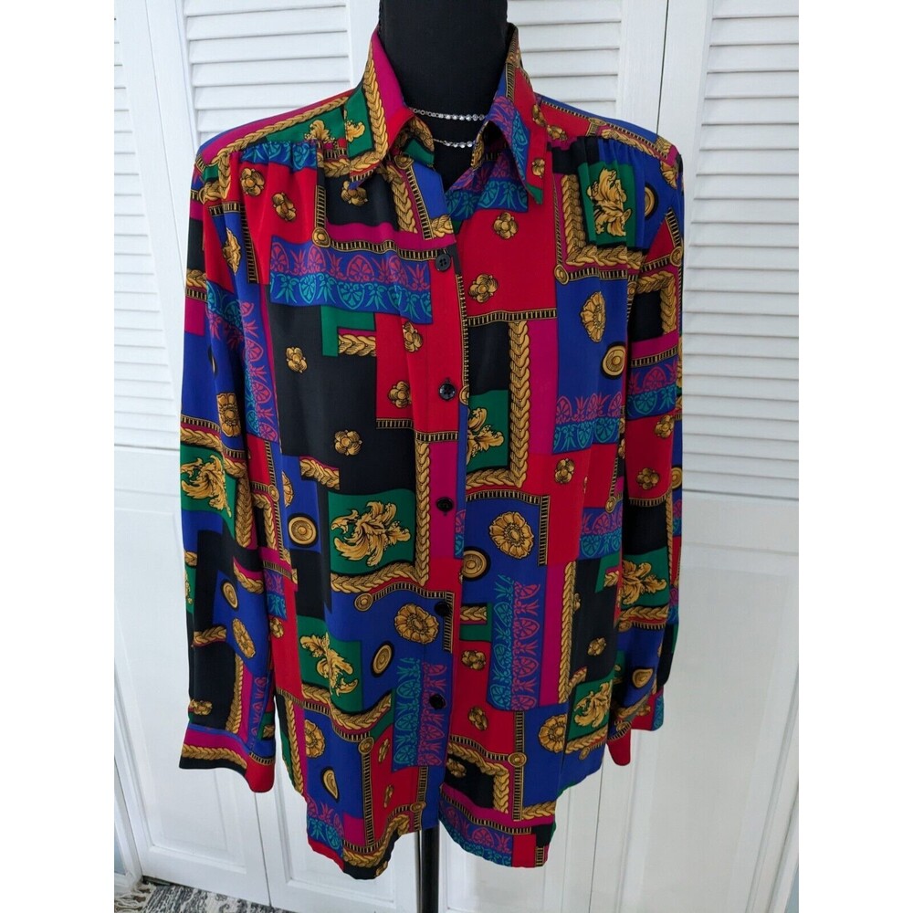 Vtg 90s Alfred Dunner Blouse Women's sz 10 Multi Maximalist 80s Retro Glam Color